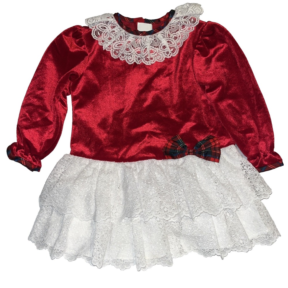 Vintage VTG Sweet Treats Red White Lace Plaid Velour Christmas Dress 4T